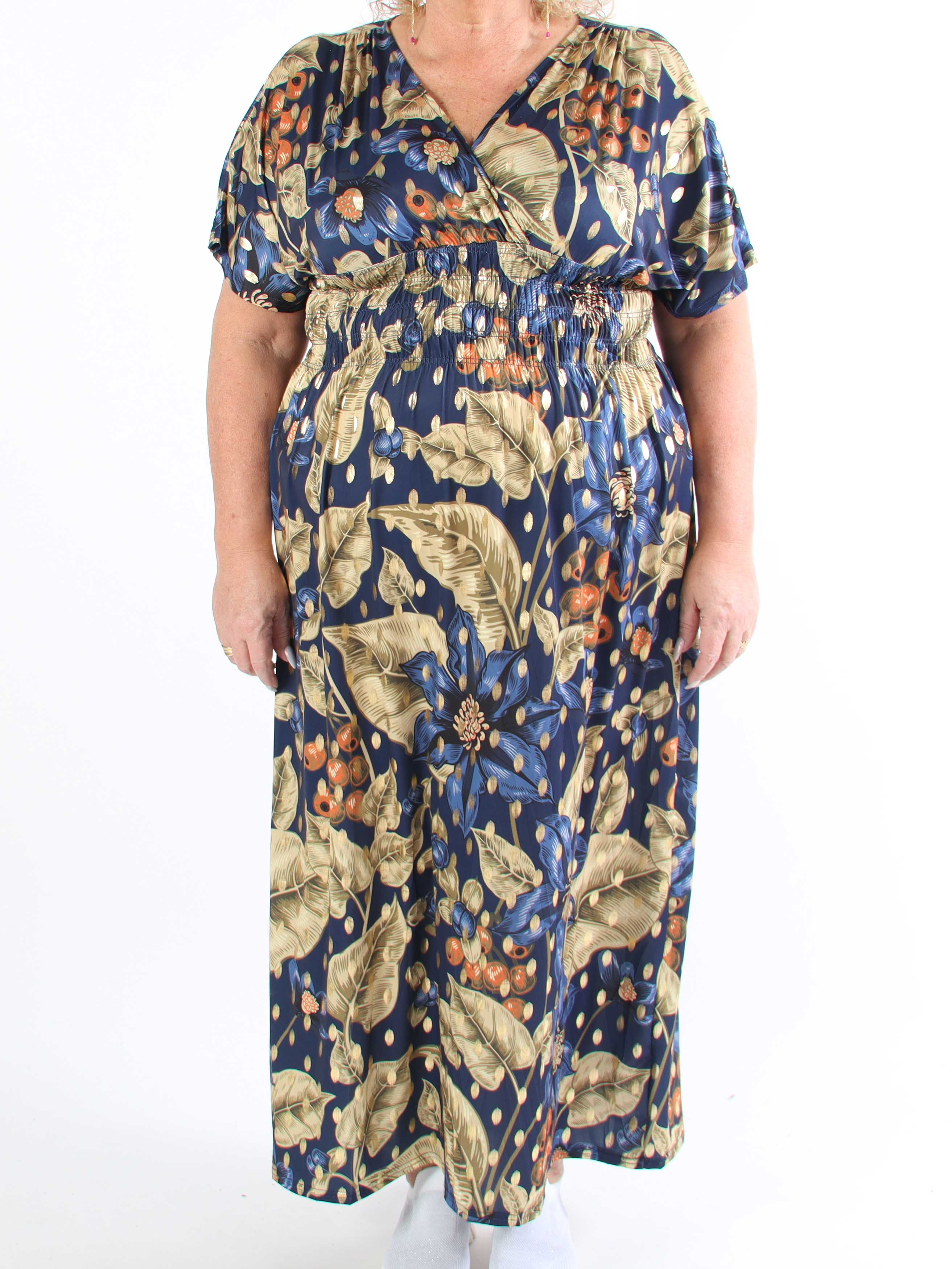 Pams Berry - Lang plus size elastisk kjole med smock i livet